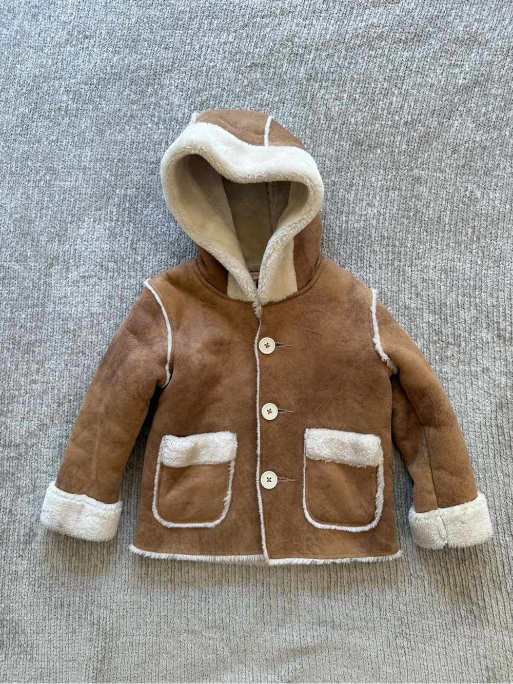 Cat & Jack Girls 3T Faux Suede Shearling Hooded Coat Brown Cream Sherpa